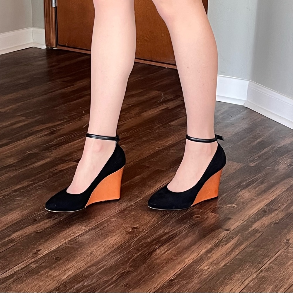 Celine black suede and brown leather wedges